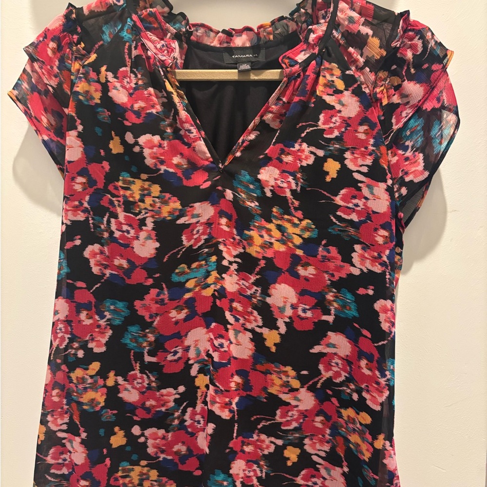 Floral Blouse with Ruffled Neckline